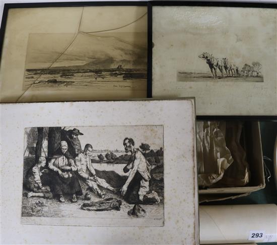 David Young Cameron and William Strang, six etchings, some framed